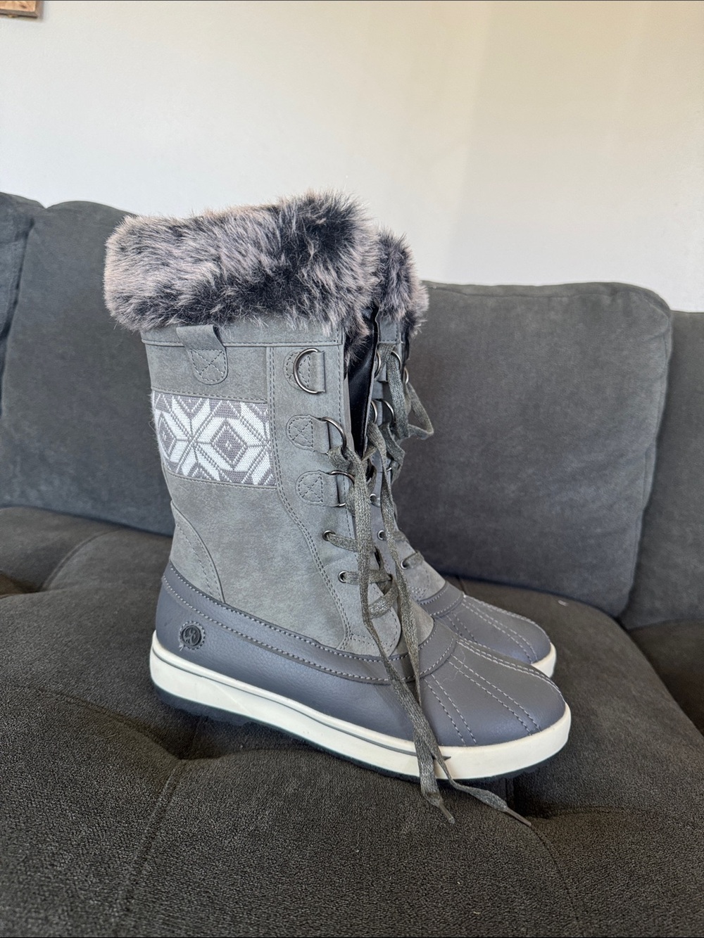 Northside Gray Faux-Fur Lace-Up Winter Boots with Patterned Panel